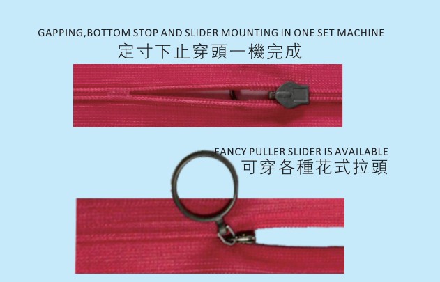 Invisible Zipper Gapping,Botton Stop And Slider Mounting Three-In -One Machien
